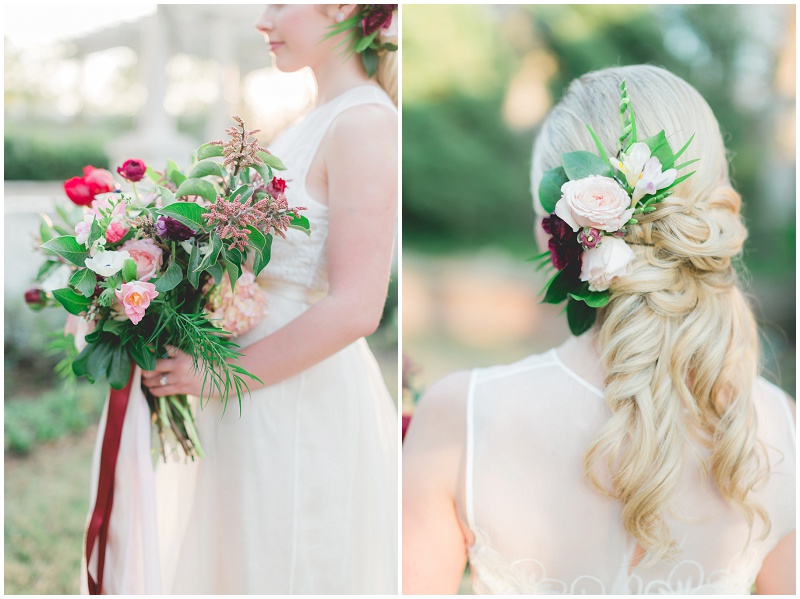Chandor Gardens romantic bridal photos with flower hair piece