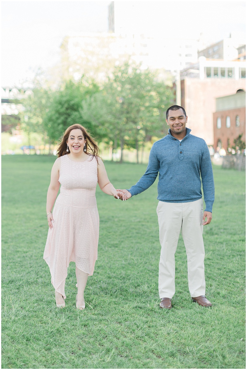Dumbo NYC pink and blue outfit couple engagement photo