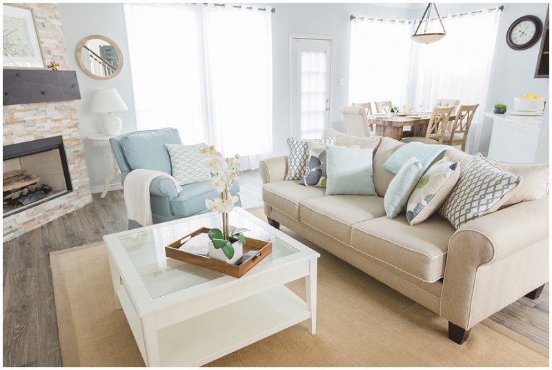 Cottage inspired house blue and beige living room