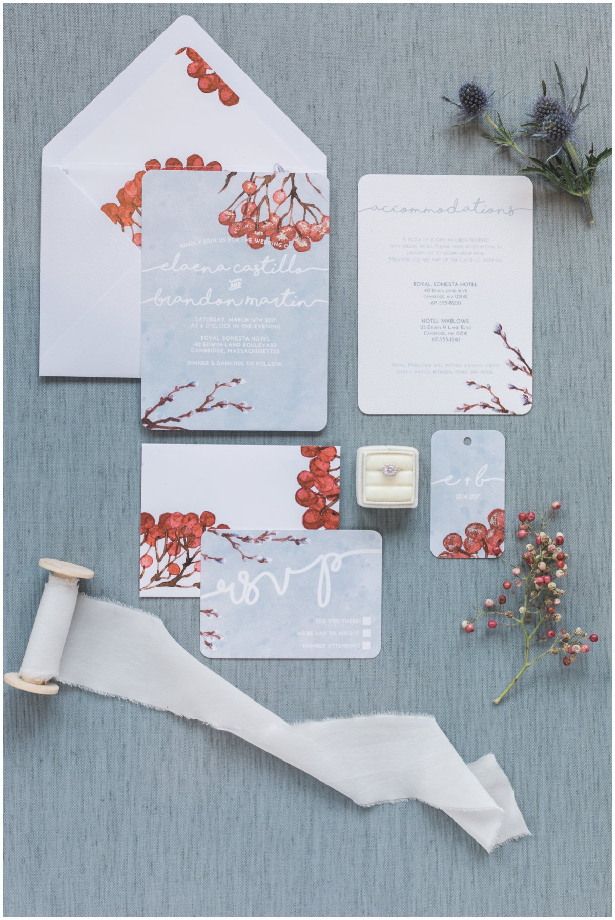 Cranberry and Blue invitations