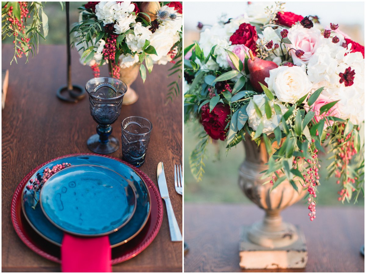 Hawthorn Hills Ranch Cranberry and Blue wedding florals