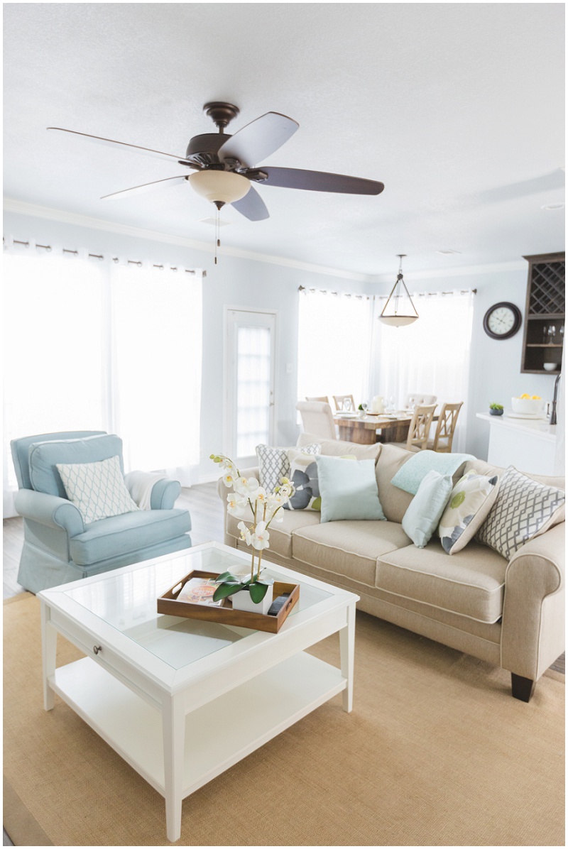 Cottage inspired home blue and beige living room